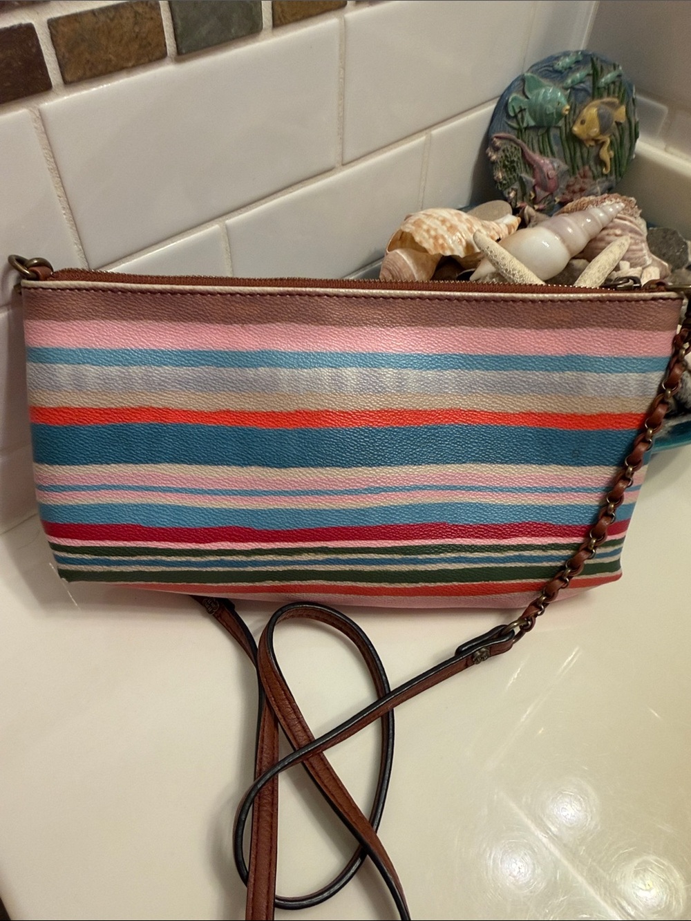 Elliott Lucca Striped Multicolor Leather Chain Crossbody - Pink Blue Red Teal - Picture 5 of 8